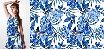 33013v Materiał ze wzorem niebieskie liście tropikalne na białym tle